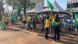 Manifestantes carregam bandeiras do Brasil