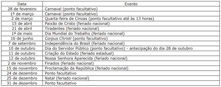 calendário de feriados MS