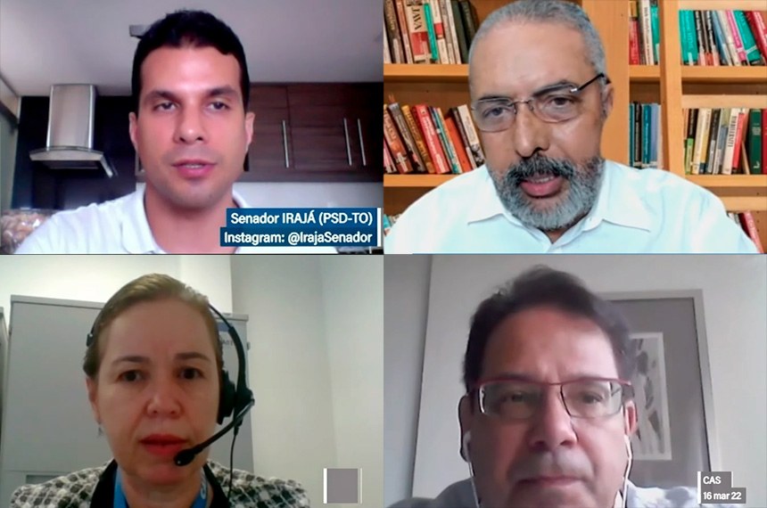 Irajá, Paulo Paim, Rosângela Figueiredo e Márcio Coelho durante a audiência na CAS - Foto: TV Senado