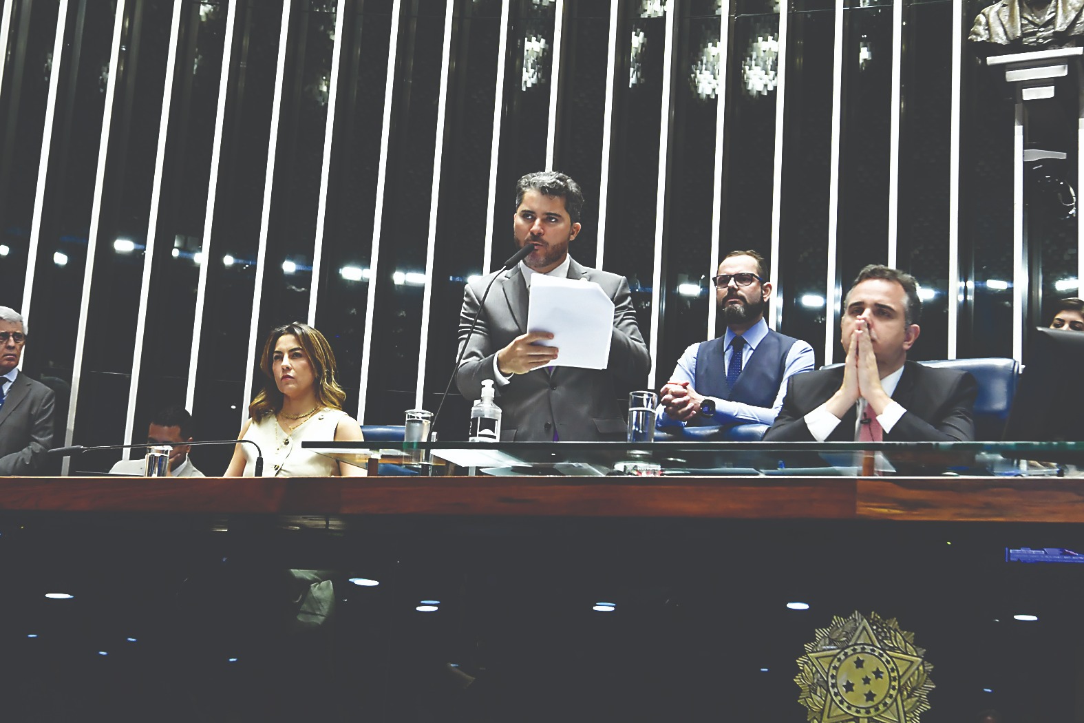 Foto: Na votação do marco
temporal estão à mesa
os senadores Soraya
Thronicke, Marcos Rogério,
Jorge Seif e o presidente,
Rodrigo Pacheco/Waldemir Barreto - Agência Senado