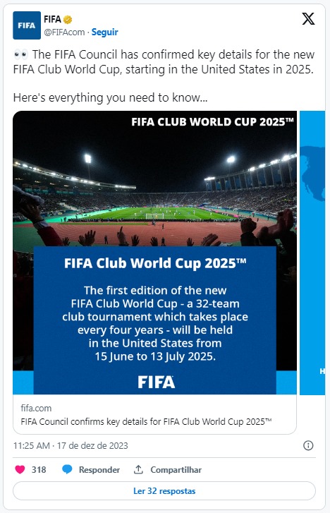 Mundial de Clubes de 2025 com 32 times terá EUA como Sede