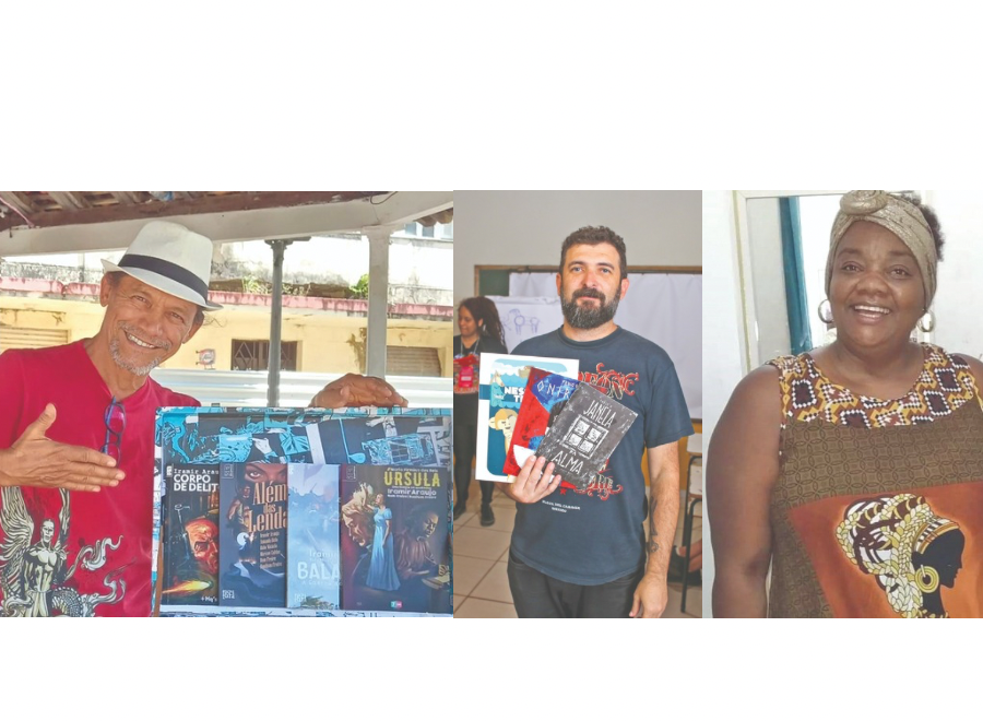 Iramir Alves Araújo, Negra Aurea
e Fabio Quill realizam bate-papo
descontraído sobre as produções
individuais e sobre o que têm em
comum em suas carreiras (Foto: Reprodução)