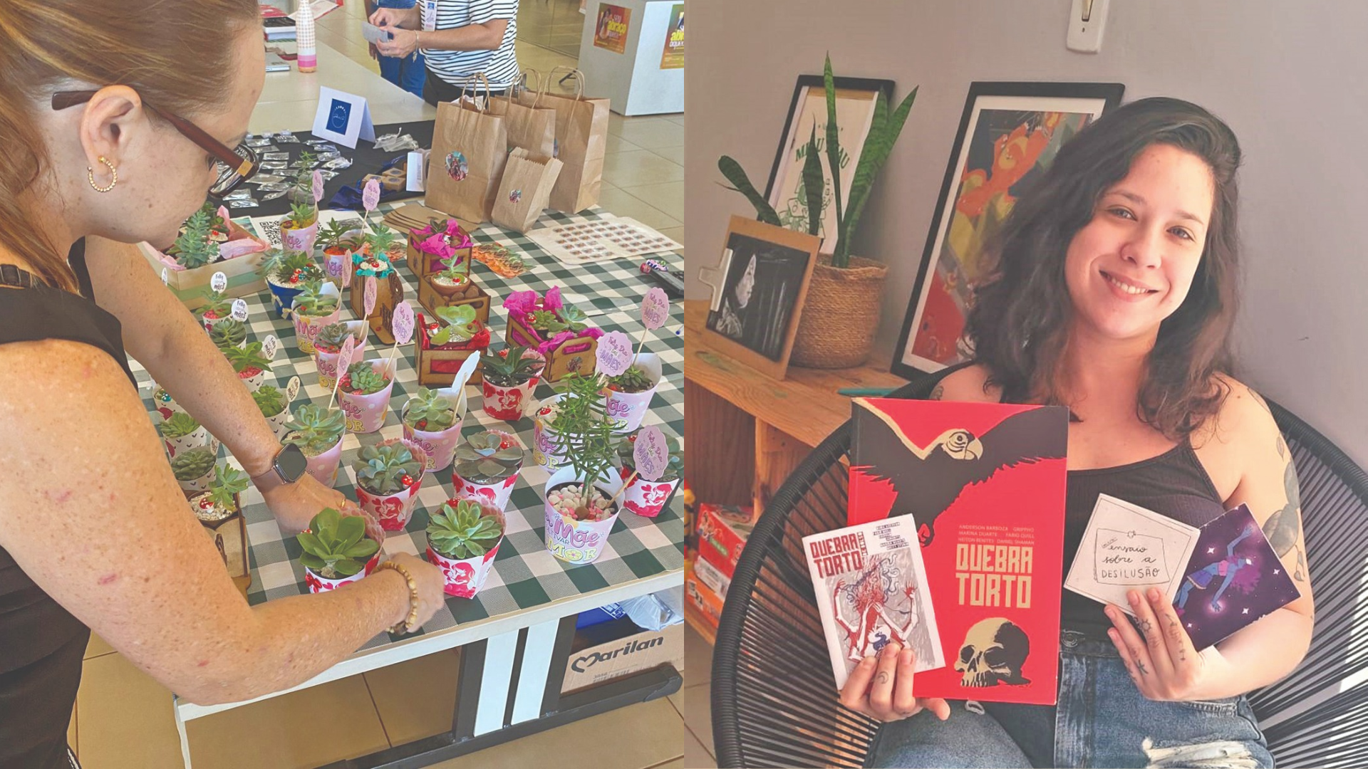 A jornalista e quadrinista Marina Duarte (à direita) ministra oficina de fanzine  - Foto: reprodução