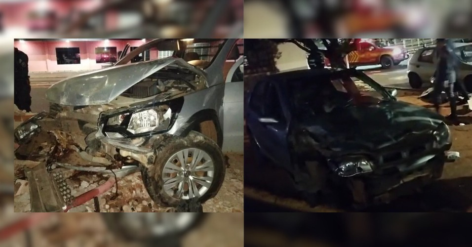 Colsiões em muro e canteiro deixam veículos destruídos na madrugada em Campo Grande