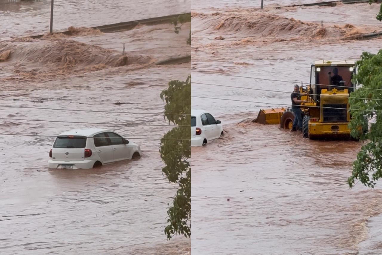 Mulher e criança são resgatadas de carro em alagamento na Rachid Neder com a Ernesto Geisel