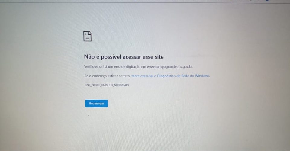 Página principal da prefeitura não carrega 
Foto: reprodução