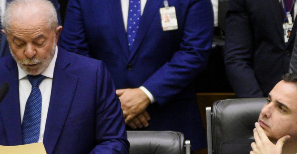 Rodrigo Pacheco, President of Brazil's Federal Senate, listens as Brazil's new President Luiz Inacio Lula da Silva delivers a speech after being sworn in at the National Congress, in Brasilia, Brazil, January 1, 2023. REUTERS/Jacqueline Lisboa NO RESALES. NO ARCHIVES ORG XMIT: MEX