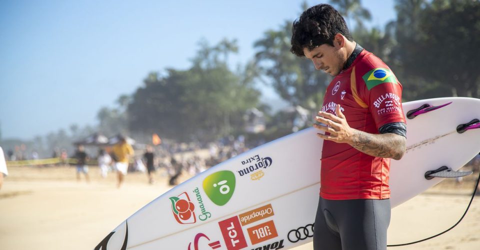 OAHU, UNITED STATES - DECEMBER 10: Two-time WSL Champion Gabriel Medina of Brazil advances directly to Round 3 of the 2019 Billabong Pipe Masters after winning Heat 5 of Round 1 at Pipeline on December 10, 2019 in Oahu, United States. (Photo by Tony Heff/WSL via Getty Images)