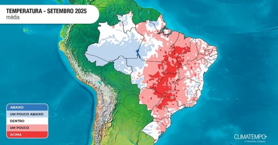Anomalia da temperatura média no Brasil em setembro de 2025 - Fonte: Climatempo